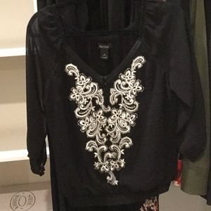 WHBM Sheer Black blouse with white Embroidery